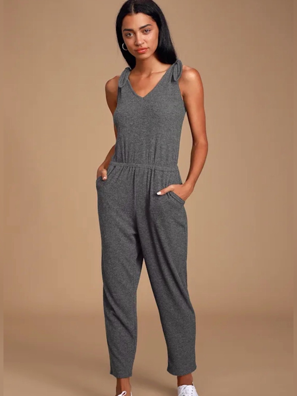 Lulus Belmore Charcoal Grey Ribbed Sleeveless Jumpsuit Romper Sz M